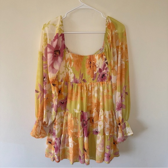 Square Neck Puffy Sleeve Smocked Babydoll Dress Floral Flowy Short Dress S - Picture 7 of 7